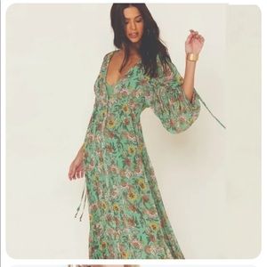 Free People Green Floral Ethereal Flowy Earthfolk Boho Maxi Long Dress XS